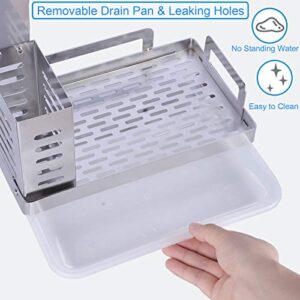 BeBeHome Sink Caddy Organizer, Sponge Holder for Sink Soap Brush Dispenser Holder with Rag Rack Suction Cup Dishcloth Holder with Drain Pan Stainless Steel Silver 9.5X4.5X8.9 in