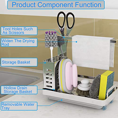 BeBeHome Sink Caddy Organizer, Sponge Holder for Sink Soap Brush Dispenser Holder with Rag Rack Suction Cup Dishcloth Holder with Drain Pan Stainless Steel Silver 9.5X4.5X8.9 in