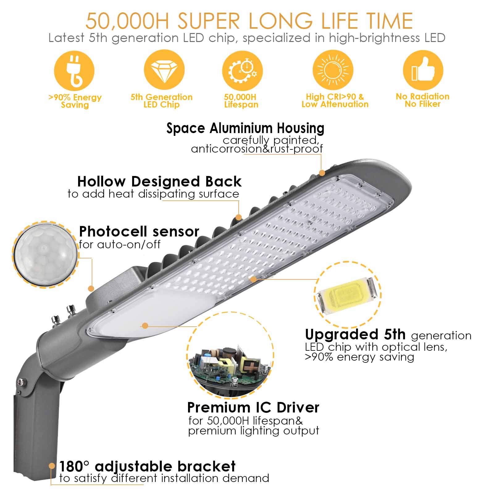 Brillirare 50W LED Parking Lot Lights with Dusk-to-Dawn Photocell Sensor, 7500LM 5000K Street Light with Adjustable Arm Mount, IP66 Waterproof Outdoor Commercial Area Road Lighting