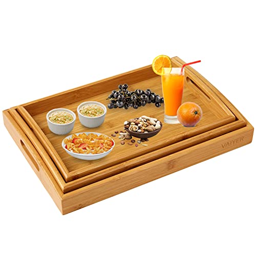 Vaiyer Set of 3 Bamboo Breakfast Serving Tray with Handles, Nesting Serving Trays Platters Set for Food, Breakfast, Dinner, Ottoman Coffee Table, Parties, Restaurants