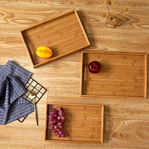 Vaiyer Set of 3 Bamboo Breakfast Serving Tray with Handles, Nesting Serving Trays Platters Set for Food, Breakfast, Dinner, Ottoman Coffee Table, Parties, Restaurants