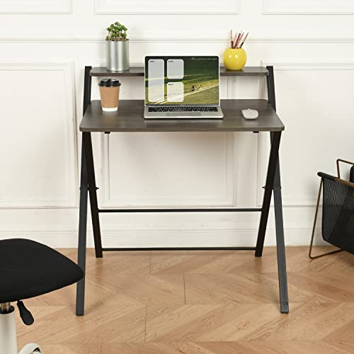 FurnitureR 31.9'' Folding 2 Tier Foldable Assembly Saves Space for Home Office Study, Metal Frames/Wood Top Laptop Table, Brown Computer Desk