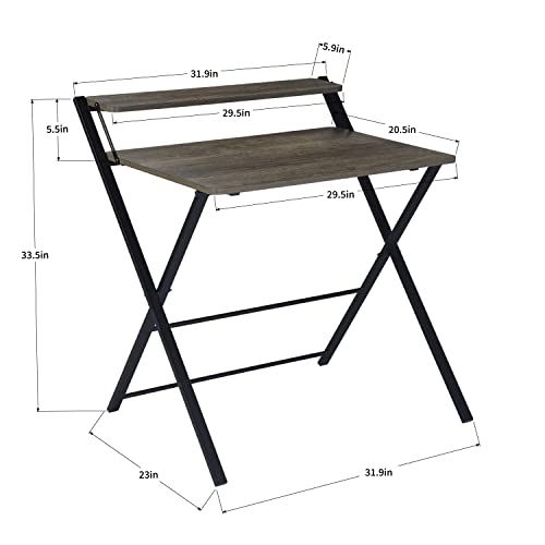 FurnitureR 31.9'' Folding 2 Tier Foldable Assembly Saves Space for Home Office Study, Metal Frames/Wood Top Laptop Table, Brown Computer Desk