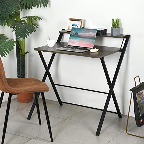 FurnitureR 31.9'' Folding 2 Tier Foldable Assembly Saves Space for Home Office Study, Metal Frames/Wood Top Laptop Table, Brown Computer Desk