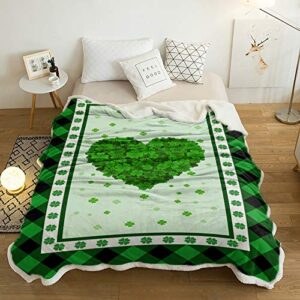 green shamrock leaves love heart sherpa flannel throw blankets thick reversible plush fleece blanket for bed couch sofa decor irish saint patrick's day ultra soft comfy warm fuzzy tv blanket 39x49in