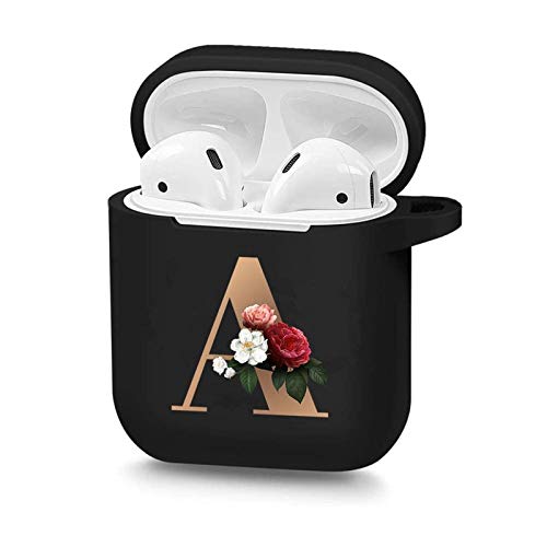 Air_Pods Case Cover | KJDS Premium Silicone Protective Case for AirPods 2 1 Black Wireless Bluetooth Earphone Box Matte Cover | Cute Floral Gold Initial Alphabet Letter Soft Case (A)