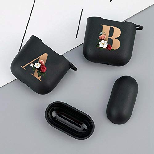 Air_Pods Case Cover | KJDS Premium Silicone Protective Case for AirPods 2 1 Black Wireless Bluetooth Earphone Box Matte Cover | Cute Floral Gold Initial Alphabet Letter Soft Case (A)