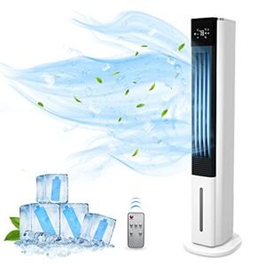 evaporative air cooler, 41” portable air cooling fan with top & bottom water refilling, 3 speeds 3 modes, 4 ice packs, 12h timer, 1.3 gal water tank, 50° oscillation for room indoor, remote control