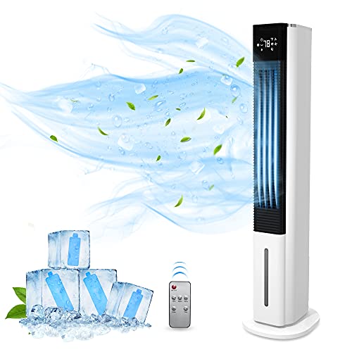 Evaporative Air Cooler, 41” Portable Air Cooling Fan with Top & Bottom Water Refilling, 3 Speeds 3 Modes, 4 Ice Packs, 12H Timer, 1.3 Gal Water Tank, 50° Oscillation for Room Indoor, Remote Control