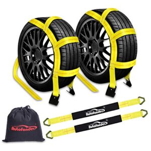 Autofonder 2Pc Tow Dolly Basket Straps with Flat Hook for 14"-17" Tires -10,000 lbs Breaking Strength Tire Bonnet&Tire Net -2” Over Wheel Car Basket Tie Down Straps with Axle Straps,Carrying Bag