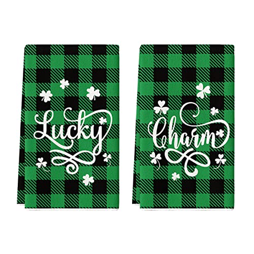 Artoid Mode Buffalo Plaid Lucky Charm St. Patrick's Day Kitchen Dish Towels, 18 x 26 Inch Seasonal Clover Shamrock Ultra Absorbent Drying Cloth Tea Towels for Cooking Baking Set of 2