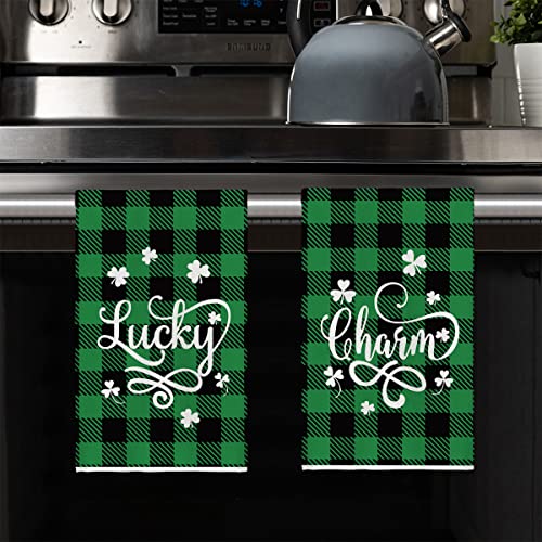 Artoid Mode Buffalo Plaid Lucky Charm St. Patrick's Day Kitchen Dish Towels, 18 x 26 Inch Seasonal Clover Shamrock Ultra Absorbent Drying Cloth Tea Towels for Cooking Baking Set of 2