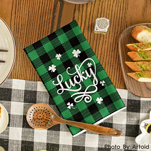 Artoid Mode Buffalo Plaid Lucky Charm St. Patrick's Day Kitchen Dish Towels, 18 x 26 Inch Seasonal Clover Shamrock Ultra Absorbent Drying Cloth Tea Towels for Cooking Baking Set of 2