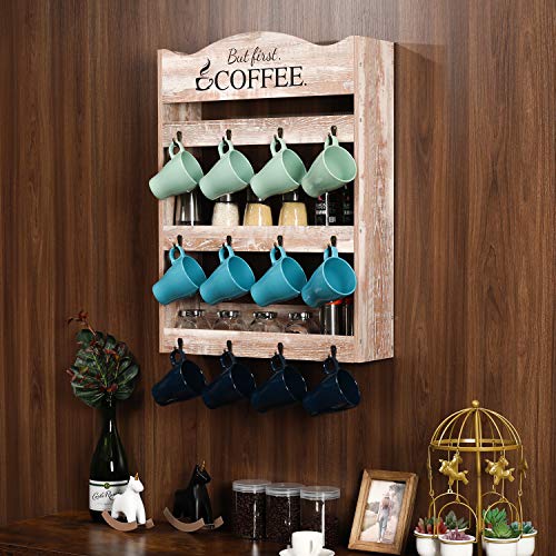 PAG Wall Mounted Coffee Mug Rack Tea Cup Organizer Display Shelf with Coffee Sign, 3 Tier & 12 Hooks, Retro White