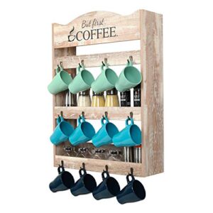 pag wall mounted coffee mug rack tea cup organizer display shelf with coffee sign, 3 tier & 12 hooks, retro white