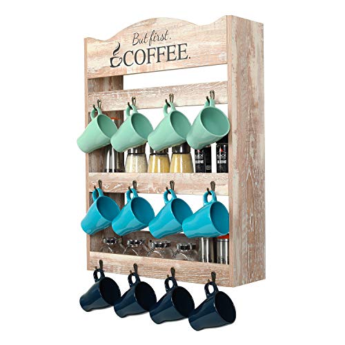 PAG Wall Mounted Coffee Mug Rack Tea Cup Organizer Display Shelf with Coffee Sign, 3 Tier & 12 Hooks, Retro White