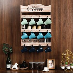 PAG Wall Mounted Coffee Mug Rack Tea Cup Organizer Display Shelf with Coffee Sign, 3 Tier & 12 Hooks, Retro White