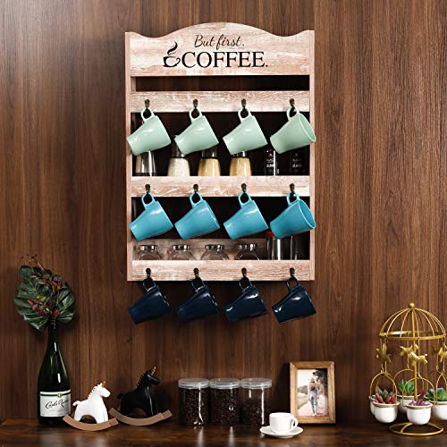 PAG Wall Mounted Coffee Mug Rack Tea Cup Organizer Display Shelf with Coffee Sign, 3 Tier & 12 Hooks, Retro White