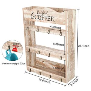 PAG Wall Mounted Coffee Mug Rack Tea Cup Organizer Display Shelf with Coffee Sign, 3 Tier & 12 Hooks, Retro White