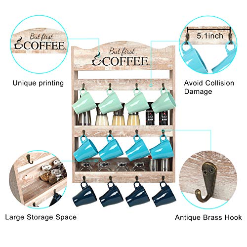 PAG Wall Mounted Coffee Mug Rack Tea Cup Organizer Display Shelf with Coffee Sign, 3 Tier & 12 Hooks, Retro White