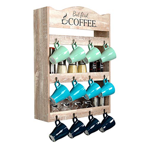 PAG Wall Mounted Coffee Mug Rack Tea Cup Organizer Display Shelf with Coffee Sign, 3 Tier & 12 Hooks, Retro White