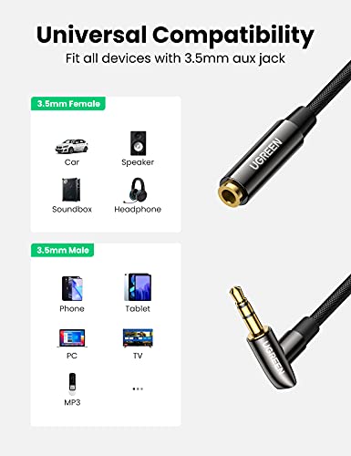 UGREEN 3.5mm Headphone Extension Cable Right Angle Aux Extender Stereo Jack Male to Female Earphone Lead Nylon Cord Compatible with Smart TV, Car Radio, PC, MacBook, Speaker, MP3 Player, Phone, 6FT