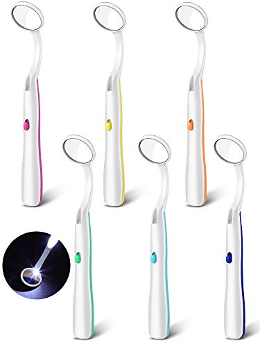 6 Pieces Dental Mirrors with Light Teeth Inspection LED Mirror Anti-Fog Teeth Mouth Dental Mirror Curved Dental Mirror for Oral Care Tool, 6 Colors