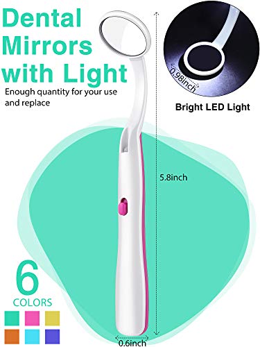 6 Pieces Dental Mirrors with Light Teeth Inspection LED Mirror Anti-Fog Teeth Mouth Dental Mirror Curved Dental Mirror for Oral Care Tool, 6 Colors