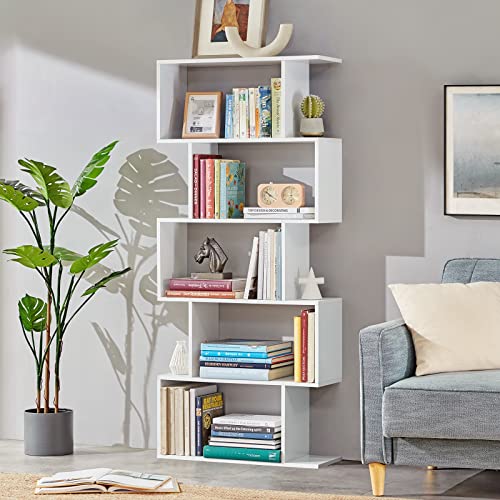 Sunon Geometric 5-Tier Bookshelf, Modern Bookshelf 5 Standing Shelves Bookcase S Shape Display Shelf and Room Divider, Unique Z Freestanding Decorative Storage Shelving Corner Bookcase for Bedroom