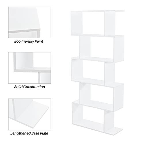 Sunon Geometric 5-Tier Bookshelf, Modern Bookshelf 5 Standing Shelves Bookcase S Shape Display Shelf and Room Divider, Unique Z Freestanding Decorative Storage Shelving Corner Bookcase for Bedroom