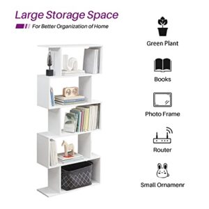 Sunon Geometric 5-Tier Bookshelf, Modern Bookshelf 5 Standing Shelves Bookcase S Shape Display Shelf and Room Divider, Unique Z Freestanding Decorative Storage Shelving Corner Bookcase for Bedroom