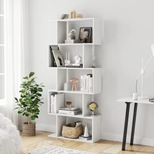 Sunon Geometric 5-Tier Bookshelf, Modern Bookshelf 5 Standing Shelves Bookcase S Shape Display Shelf and Room Divider, Unique Z Freestanding Decorative Storage Shelving Corner Bookcase for Bedroom