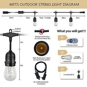 GANA Outdoor String Lights, Patio Lights 48FT Music Flash RGBW Colourful, Safe 12V Low Voltage LED Shatterproof Bulbs Connectable, Heavy Duty Wire IP65 Waterproof Level for Courtyards Cafe Bistro