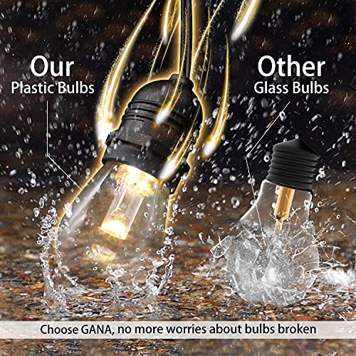 GANA Outdoor String Lights, Patio Lights 48FT Music Flash RGBW Colourful, Safe 12V Low Voltage LED Shatterproof Bulbs Connectable, Heavy Duty Wire IP65 Waterproof Level for Courtyards Cafe Bistro