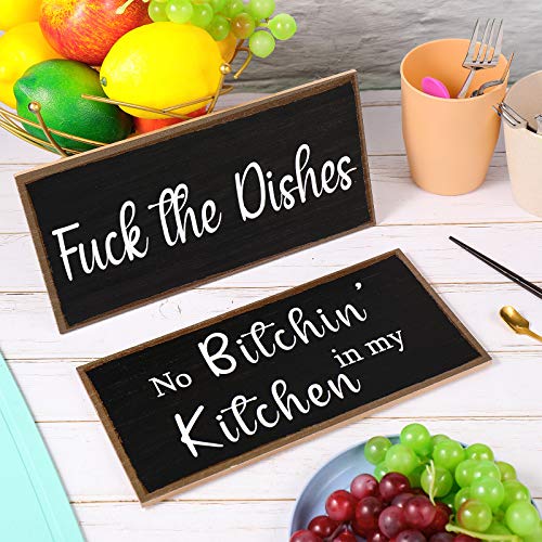 Jetec 2 Pieces Funny Kitchen Signs the Dishes Hanging Wall Art Sign No Bitchin in My Kitchen Rustic Wooden Wall Signs Decorative Wood Sign Home Kitchen Decor, 10 x 5 Inch (Stylish)