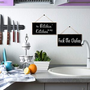 Jetec 2 Pieces Funny Kitchen Signs the Dishes Hanging Wall Art Sign No Bitchin in My Kitchen Rustic Wooden Wall Signs Decorative Wood Sign Home Kitchen Decor, 10 x 5 Inch (Stylish)