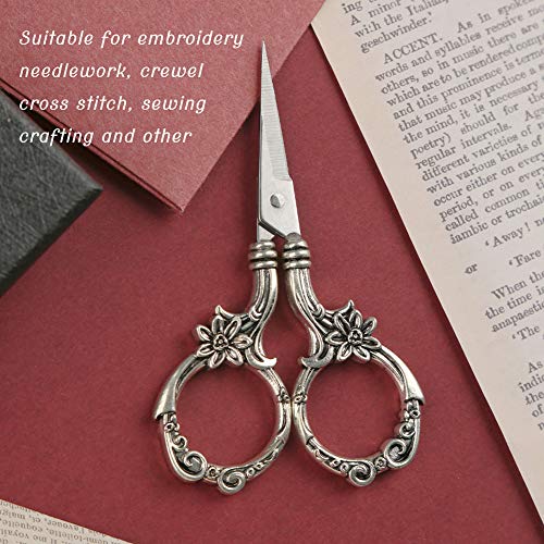 2 Pair Embroidery Scissors, Classic Daisy Design Scissors Sharp Tip Stainless Steel, Vintage Sewing Scissors DIY Tools Dressmaker Small Scissor for Fabric, Embroidery, Craft, Needlework (Silver)