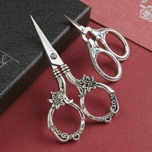 2 Pair Embroidery Scissors, Classic Daisy Design Scissors Sharp Tip Stainless Steel, Vintage Sewing Scissors DIY Tools Dressmaker Small Scissor for Fabric, Embroidery, Craft, Needlework (Silver)