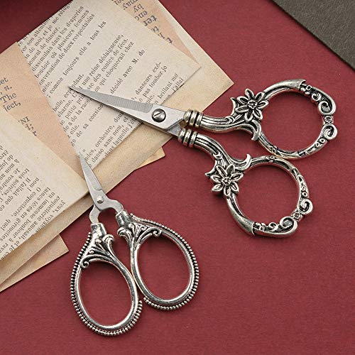 2 Pair Embroidery Scissors, Classic Daisy Design Scissors Sharp Tip Stainless Steel, Vintage Sewing Scissors DIY Tools Dressmaker Small Scissor for Fabric, Embroidery, Craft, Needlework (Silver)