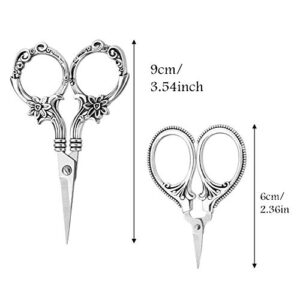 2 Pair Embroidery Scissors, Classic Daisy Design Scissors Sharp Tip Stainless Steel, Vintage Sewing Scissors DIY Tools Dressmaker Small Scissor for Fabric, Embroidery, Craft, Needlework (Silver)