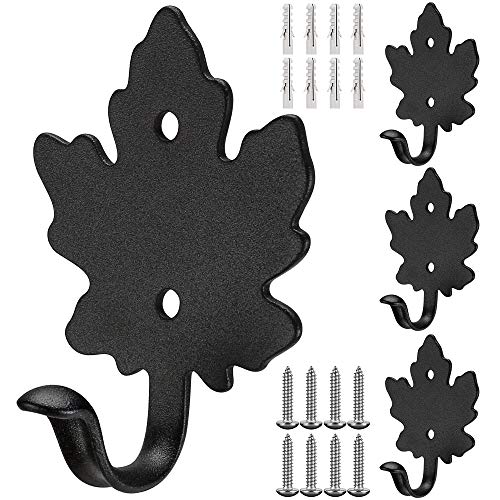 SELEWARE Decorative Wall Hooks, 4Pcs Metal Coat Hooks for Hanging Cloth Towel Robe Hat Bag Key, Heavy Duty Utility Hooks for Bath Kitchen Garage Indoor Outdoor Single Hanger, Black Maple Leaf Hooks