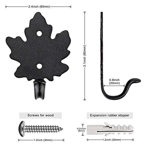 SELEWARE Decorative Wall Hooks, 4Pcs Metal Coat Hooks for Hanging Cloth Towel Robe Hat Bag Key, Heavy Duty Utility Hooks for Bath Kitchen Garage Indoor Outdoor Single Hanger, Black Maple Leaf Hooks