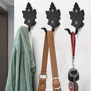 SELEWARE Decorative Wall Hooks, 4Pcs Metal Coat Hooks for Hanging Cloth Towel Robe Hat Bag Key, Heavy Duty Utility Hooks for Bath Kitchen Garage Indoor Outdoor Single Hanger, Black Maple Leaf Hooks