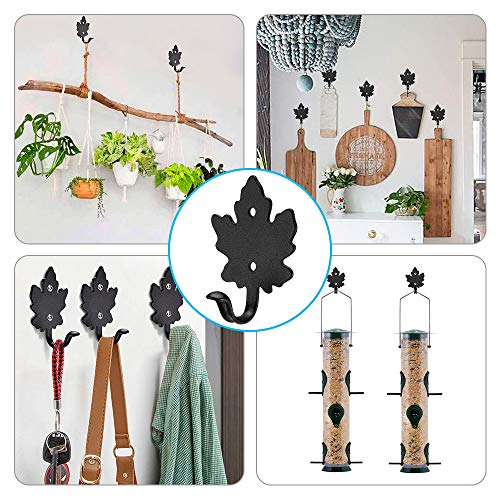 SELEWARE Decorative Wall Hooks, 4Pcs Metal Coat Hooks for Hanging Cloth Towel Robe Hat Bag Key, Heavy Duty Utility Hooks for Bath Kitchen Garage Indoor Outdoor Single Hanger, Black Maple Leaf Hooks