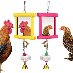 Vehomy 2Pcs Chicken Mirror Toys for Hens Hanging Swing Mirror Toys with Bells and Beak Grinding Molar Stones for Roosters Hens Birds Parrots (Yellow and Red)