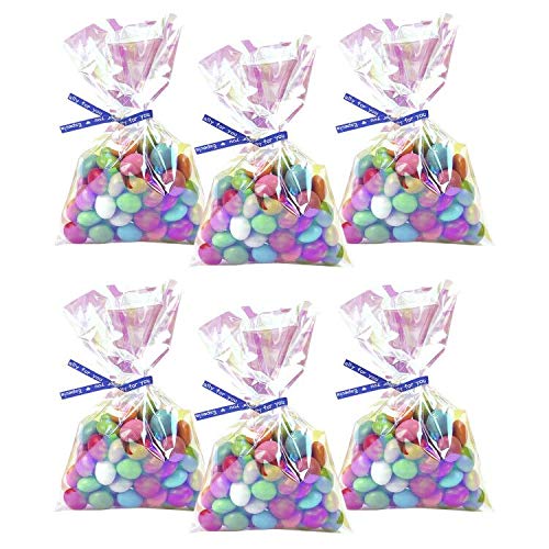 Morepack Easter Iridescent Holographic Cellophane Treat Bags,3x5 Inch Cake Pop Bags with Twist Ties, Lollipop Bags,100Pcs