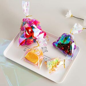 Morepack Easter Iridescent Holographic Cellophane Treat Bags,3x5 Inch Cake Pop Bags with Twist Ties, Lollipop Bags,100Pcs