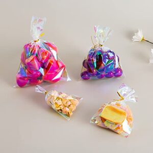 Morepack Easter Iridescent Holographic Cellophane Treat Bags,3x5 Inch Cake Pop Bags with Twist Ties, Lollipop Bags,100Pcs