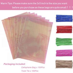 Morepack Easter Iridescent Holographic Cellophane Treat Bags,3x5 Inch Cake Pop Bags with Twist Ties, Lollipop Bags,100Pcs