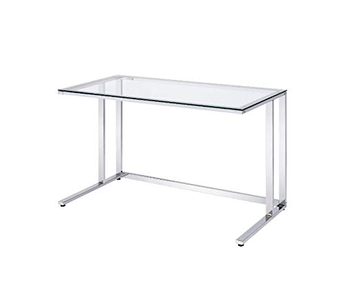 Knocbel Contemporary Computer Desk Home Office Workstation Writing Table with Tempered Glass Top & Metal Frame, 47" L x 24" W x 30" H (Clear and Chrome)